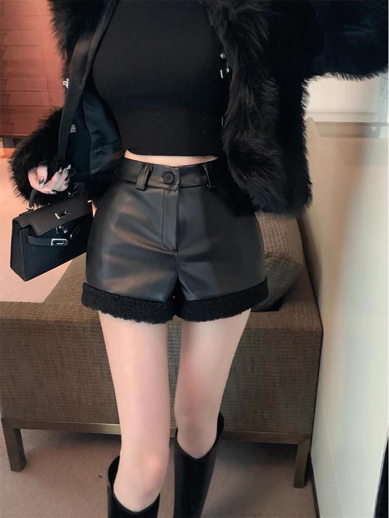 

Lambswool-Spliced PU Leather Wide-Leg High-Waist Women s Pants for Autumn/Winter L кавовий