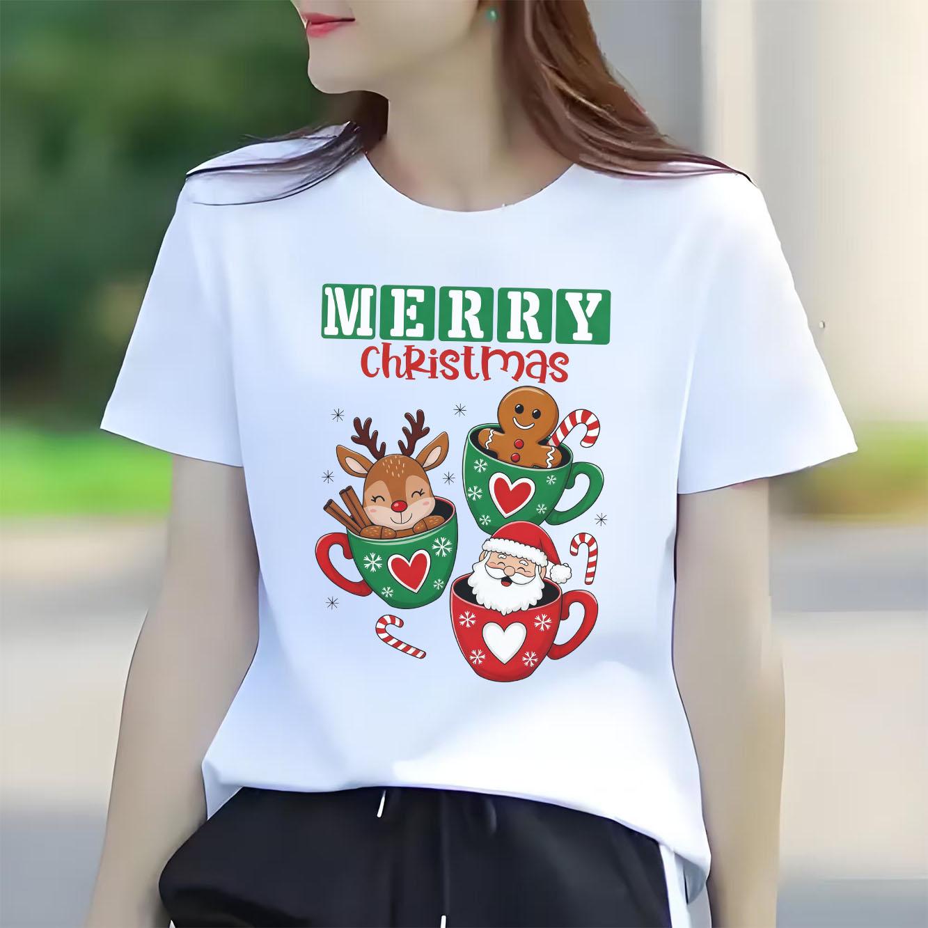 Cute Christmas elf cartoon print Womens short sleeved holiday Tshirt summer round neck fashionable daily versatile S
