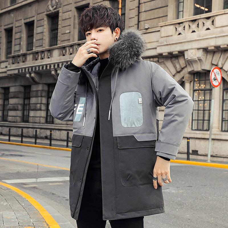 

Пуховик мужской модный средней длины новый повседневный с большим меховым воротником теплый с капюшоном корейская версия куртки мужской преодолеть XXXL темно-серого