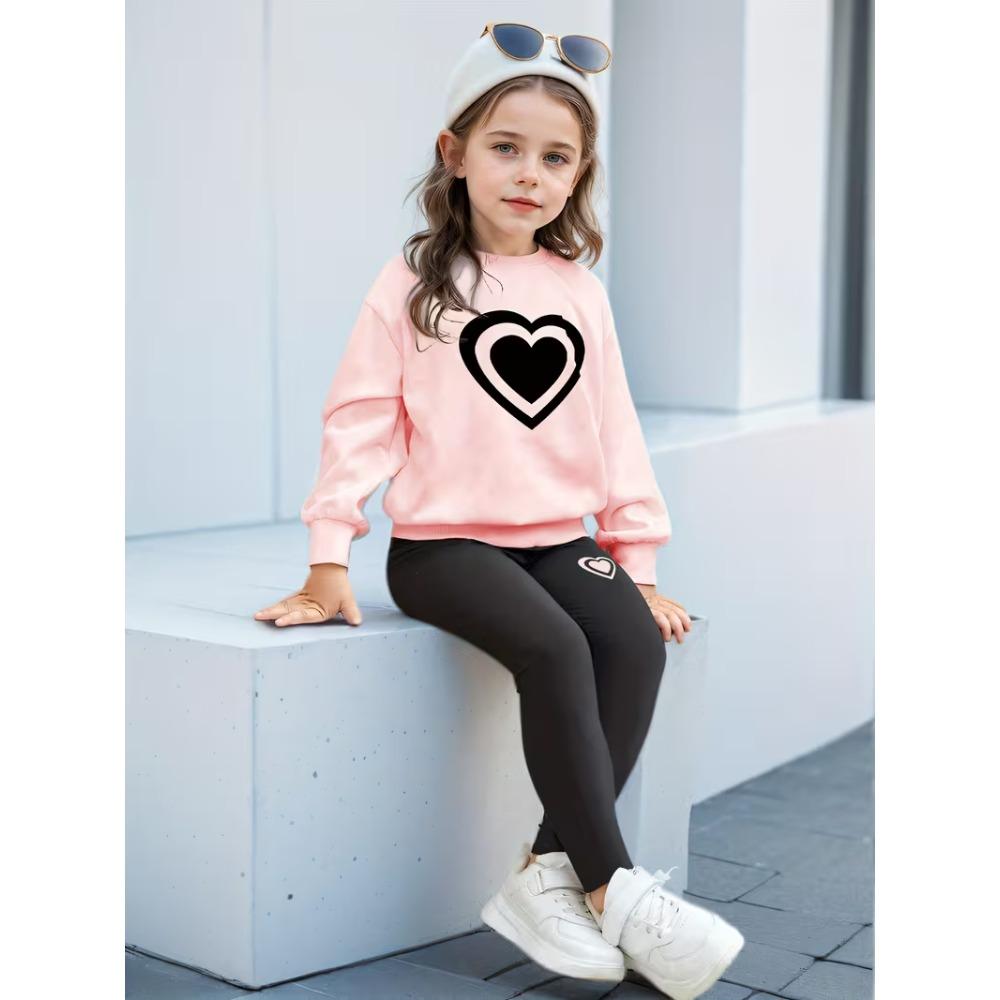Girls' Heart Print Casual Comfortable Soft Loose Pullover Sweatshirt and Leggings 2-Piece Set, New Autumn/Winter, Playful, Sweet and Cool Style