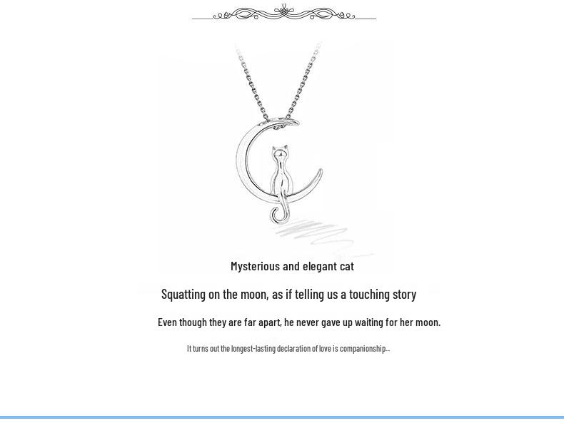 S925 Sterling Silver Cat On Moon Necklace - Cute Korean Style Clavicle Chain for Women