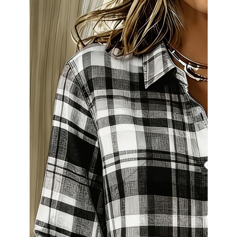Casual Fashion Black And White Checkered Printed Women'S Long Sleeve Shirt Button-Up Top