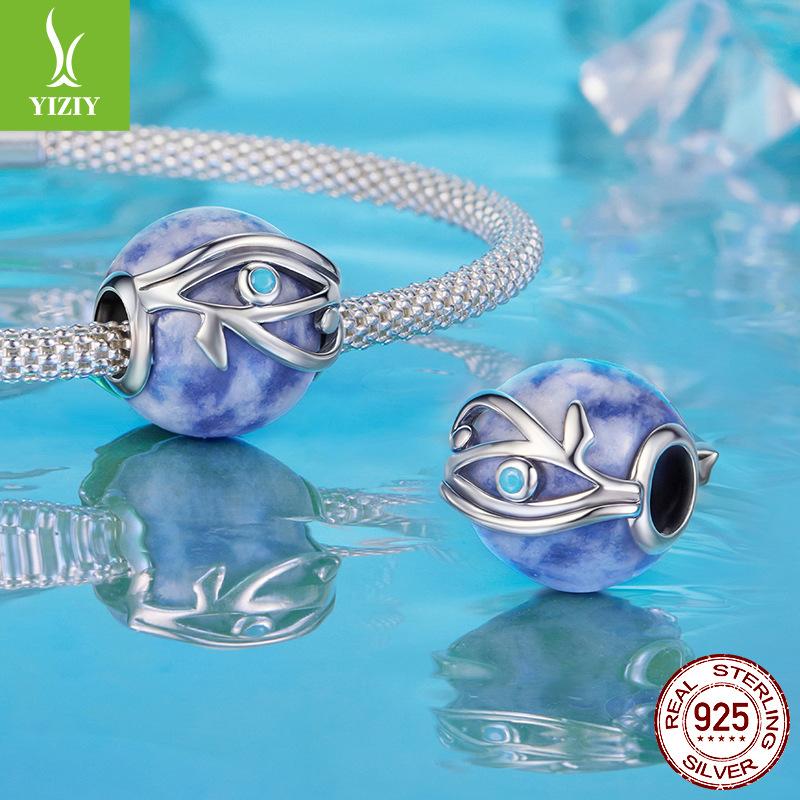 Eye Of Horus Blue Dot Stone Beads, Bohemian S925 Sterling Silver Beads Loose Beads