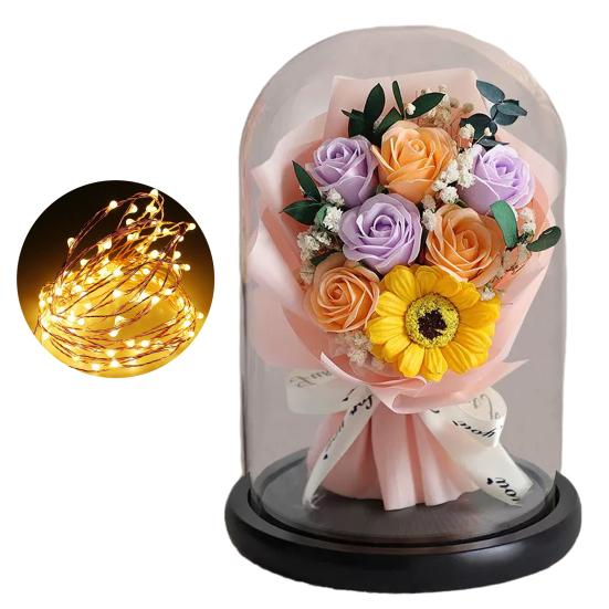 Artificial Rose Bouquet with LED Light Glass Dome Cover Eternal Flower Decoration Women Wife Girlfriend Anniversary Valentine's Day Mother's Day Gift