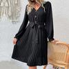 Black High Waist Pleated A Line Dress for Women V Neck Long Sleeve Lace Up Early Autumn Fashion