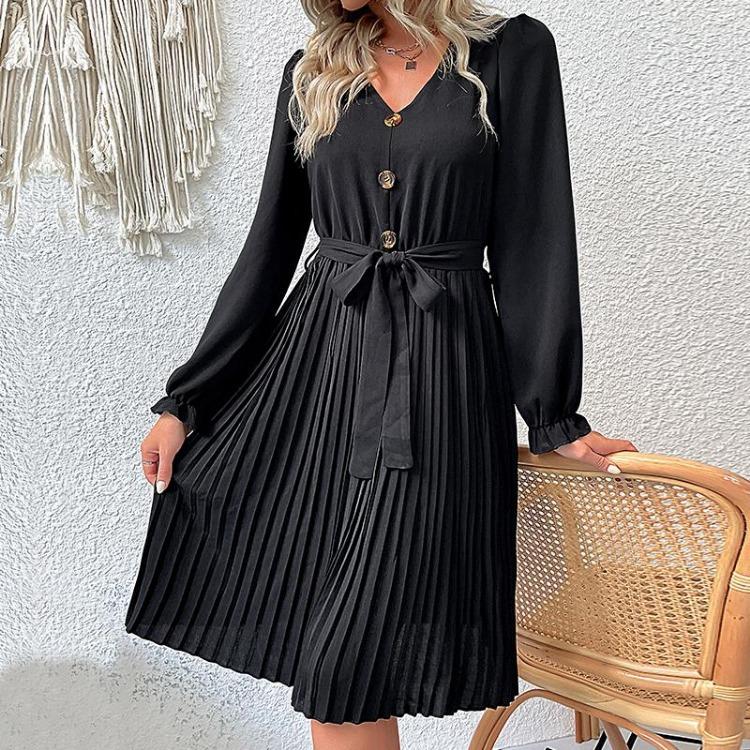 Black High Waist Pleated A Line Dress for Women V Neck Long Sleeve Lace Up Early Autumn Fashion