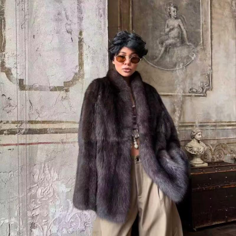 Womens Winter Faux Fur Coat Brown Casual Streetwear Jacket With Lapel Collar Hidden Snap