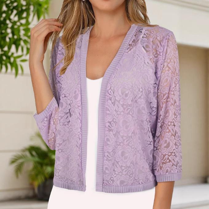 V-neck Three-quarter Sleeve Fashionable Women's Top Lace High-end Knitted Cardigan