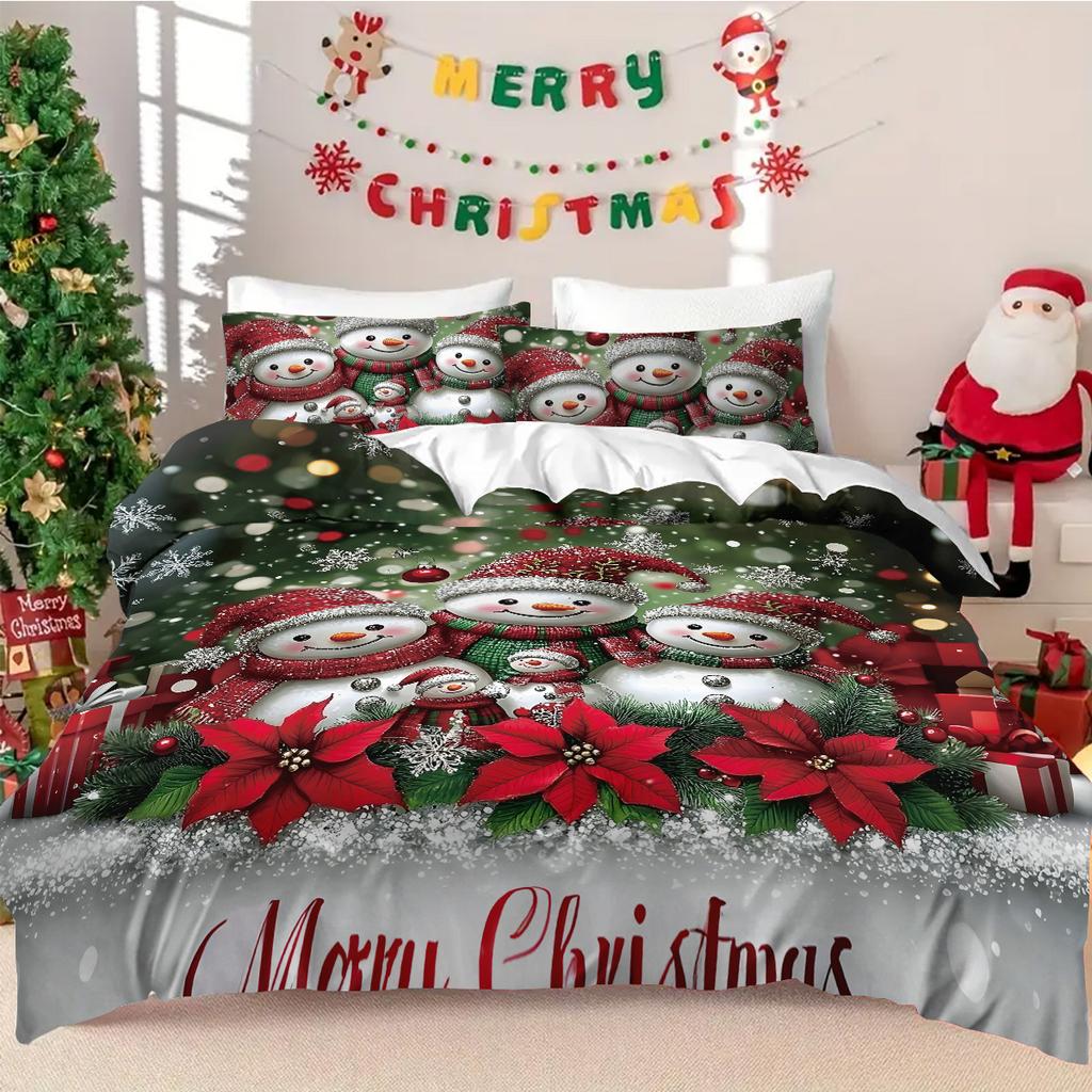 3pcs Christmas Snowman Print Coreless Duvet Set, Multi Size Bedroom Dormitory Holiday Bedding Decoration, Machine Washable