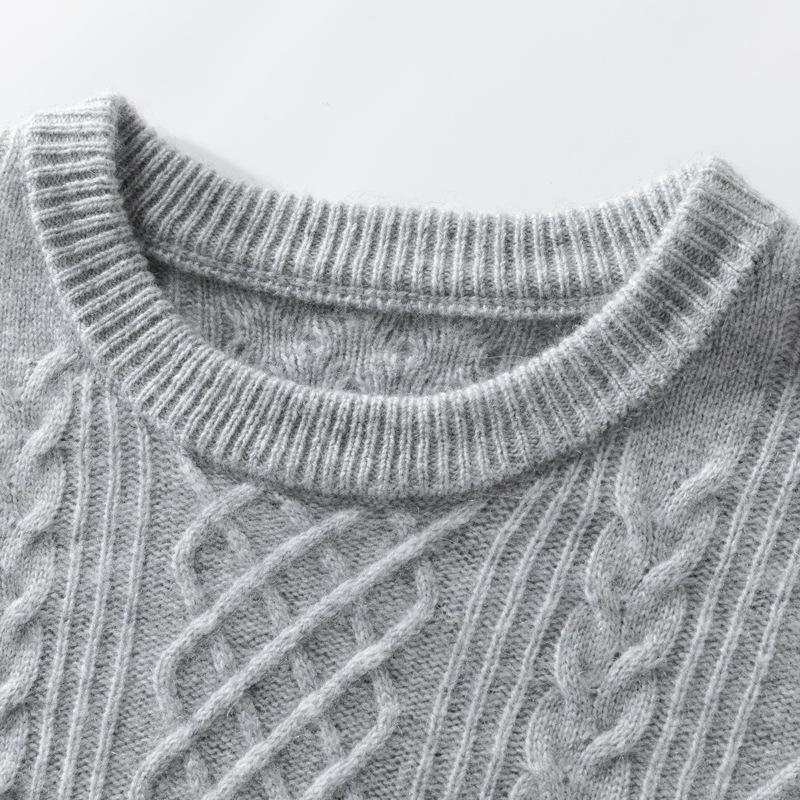 Men's Loose Round Neck Cable Knit Cashmere Sweater - Business Casual Jacquard Knitwear