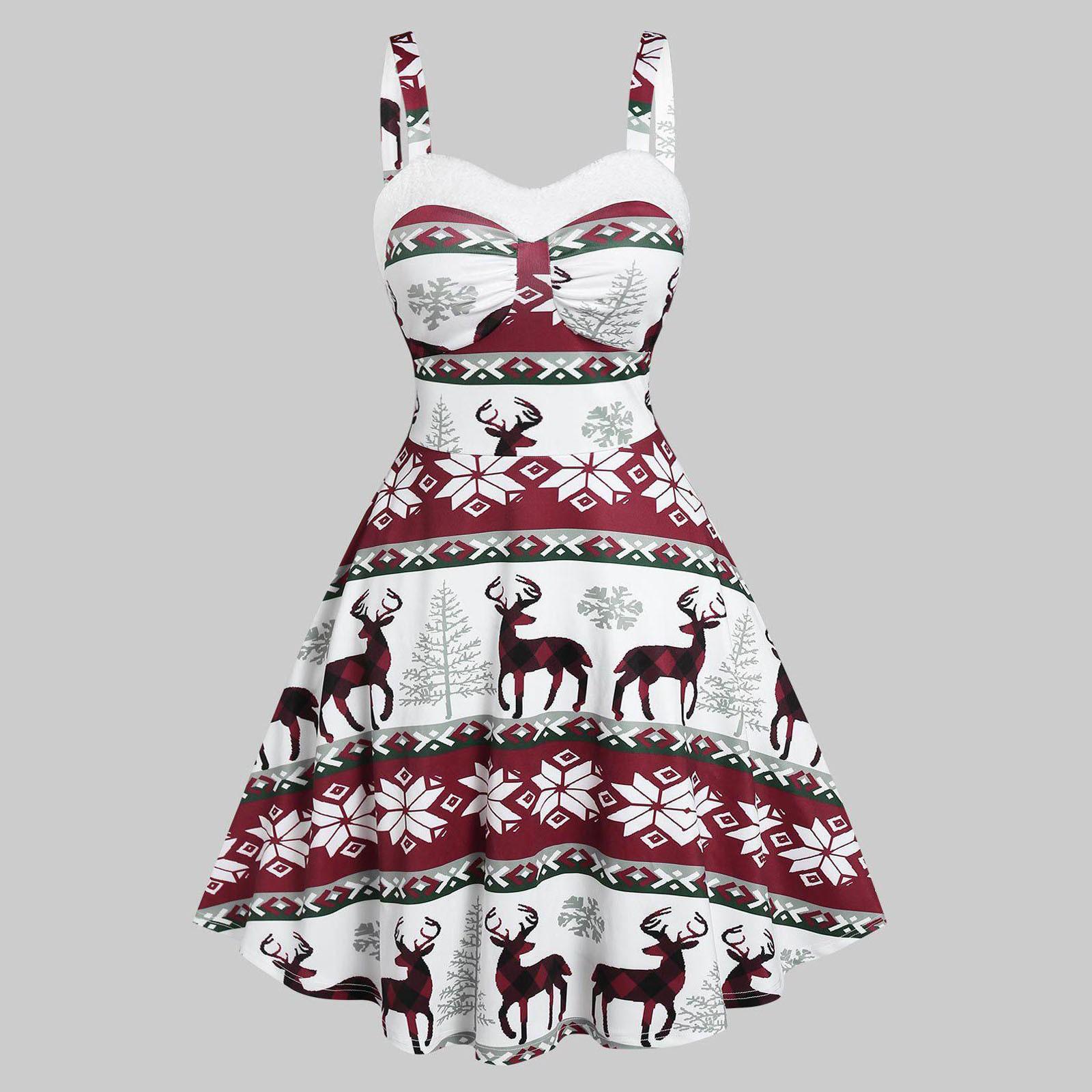 

Женское модное рождественское клетчатое платье без рукавов с принтом снежинок, винтажное свободное платье с рождественским снежным принтом XXXL белый