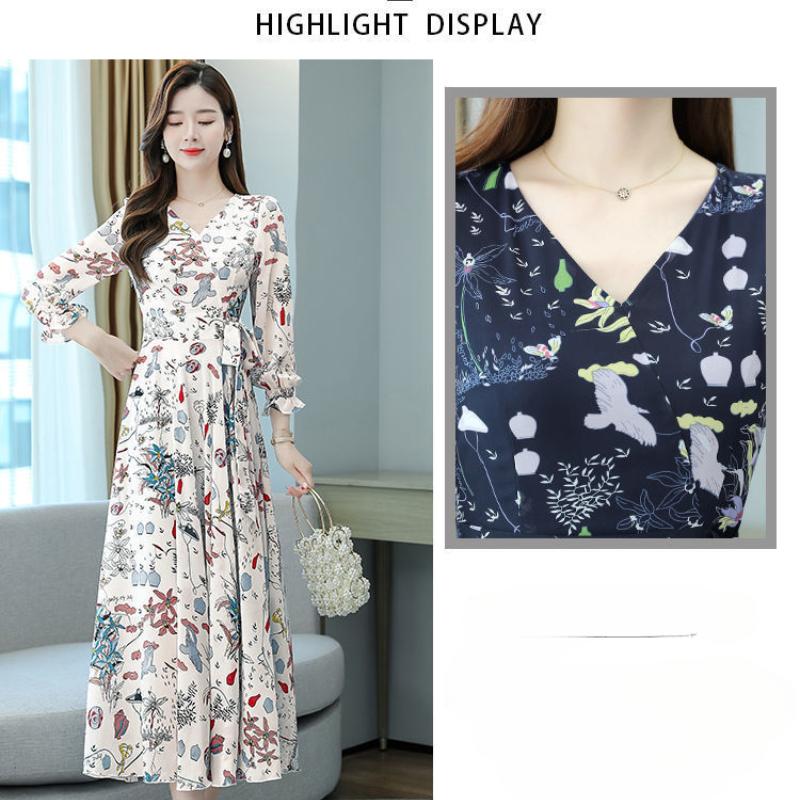 Elegant Floral Print Chiffon Dress Women's Spring Summer French Style V-neck Knee-length Fashionable Empire Waist Dresses