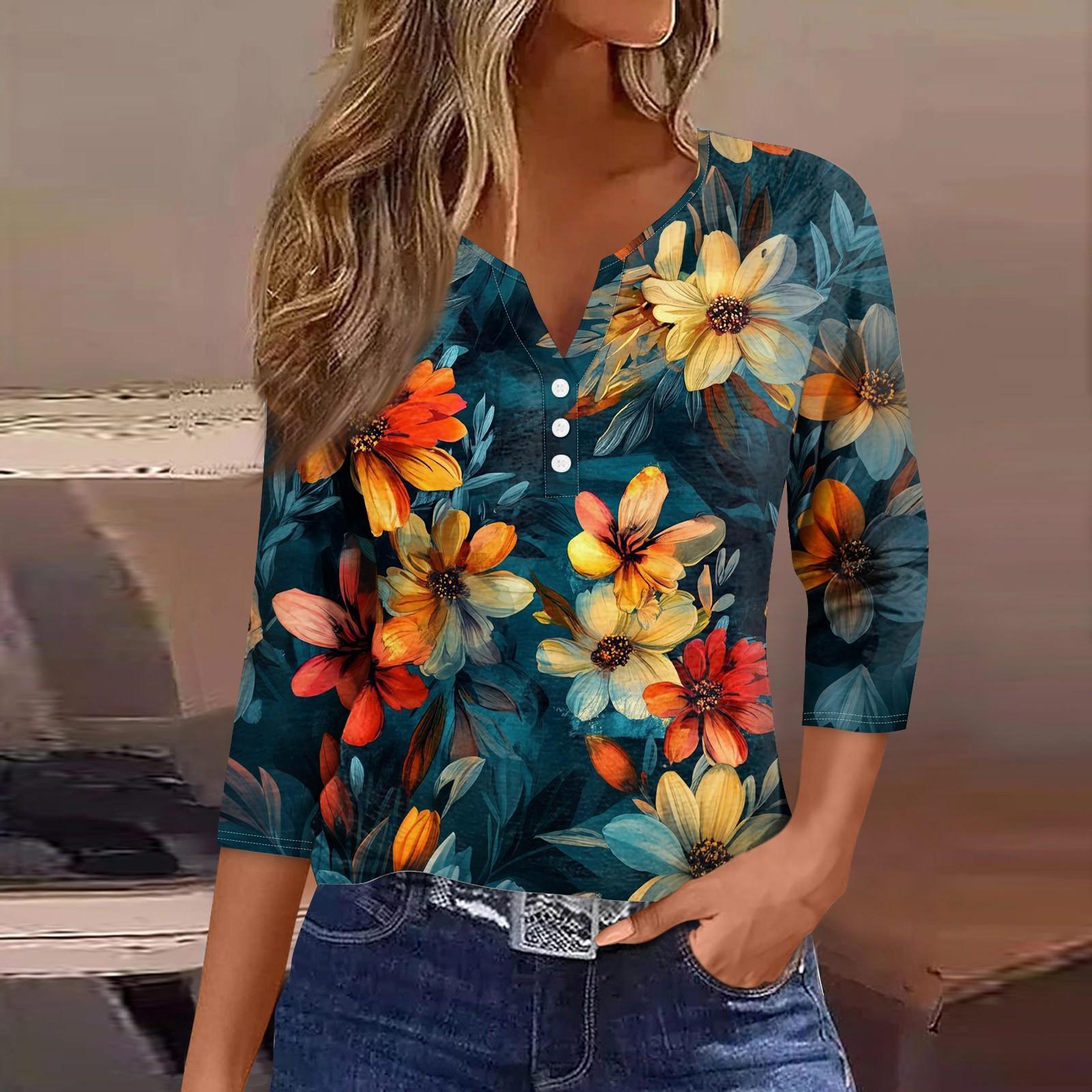 

Женский свободный повседневный топ с цветочным принтом и V-образным вырезом с рукавами семь четвертей Топ с V-образным вырезом и рукавами семь четвертей M шафрановый