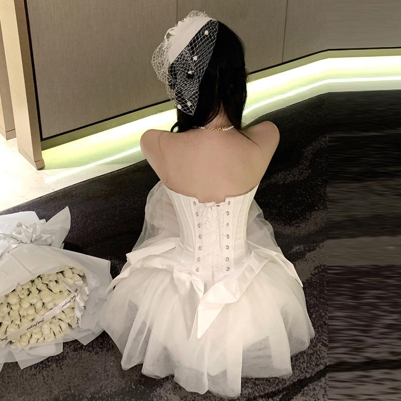 2025 Fashion New Women's Clothing Sweet and Spicy Fish Bone Tube Top Splicing Mesh Waist Skirt