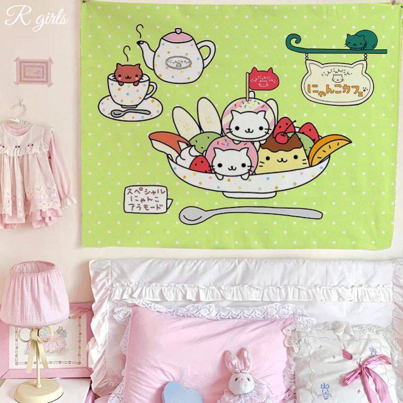 Japanese Vintage Cat Tapestry Kawaii Dessert Print Wall Hanging Aesthetic Room Decor For Bedroom