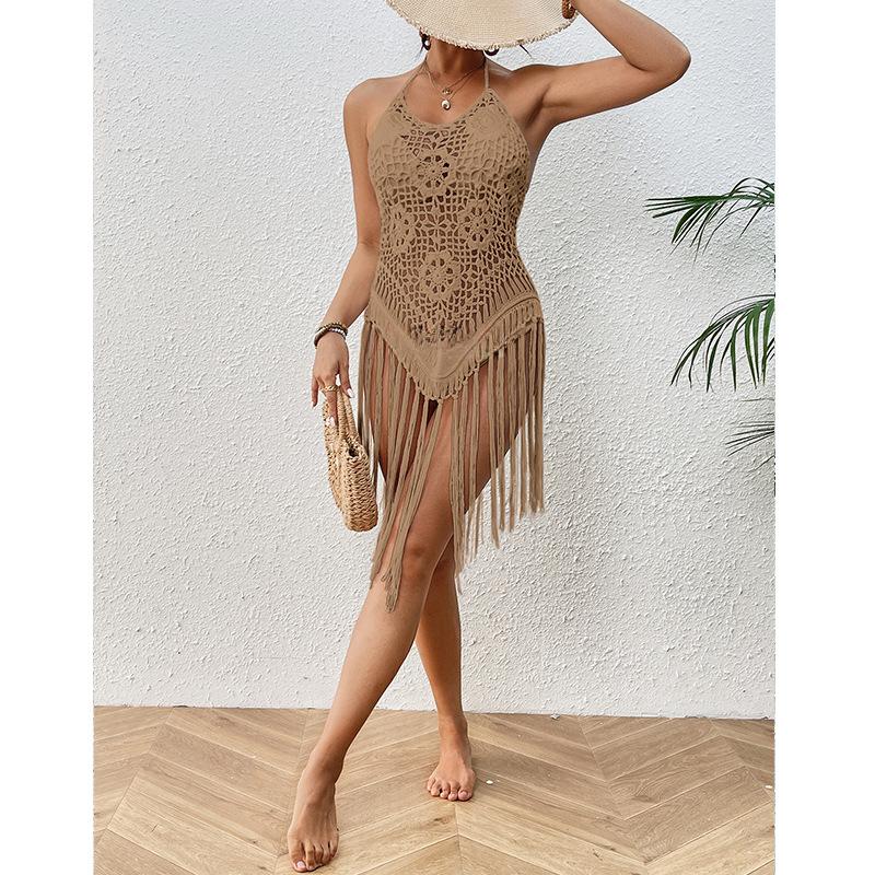 

Женское пляжное праздничное сексуальное бикини с большой открытой спиной и завязками на крючках, короткий топ с бахромой, пляжное накидка S хаки