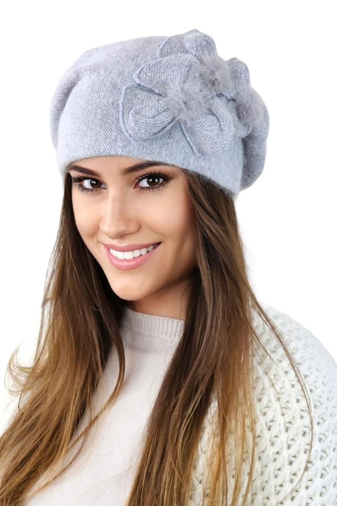 Cindy Angora Beret with Mink Trim Flowers, Gray