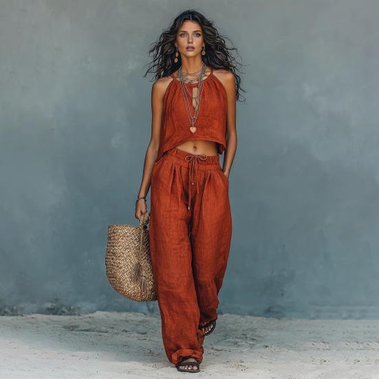 Completi da Donna 2 Pezzi Top Corto Senza Maniche e Pantaloni Lunghi a Gamba Larga Set Coordinati Casual Abbigliamento Estivo per Viaggi Vacanze Relax