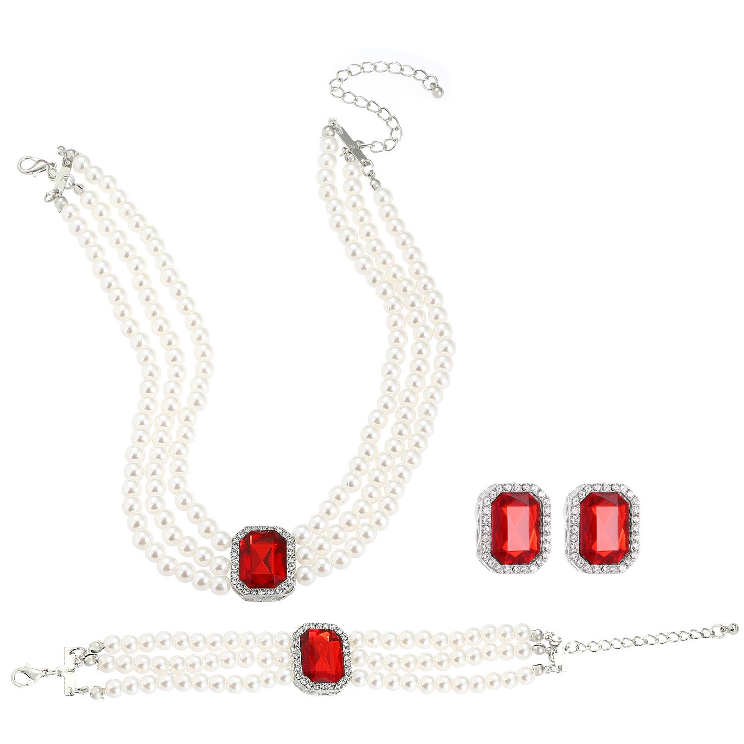 

European & American Fashion Multi-Layer Pearl Crystal Jewelry Set: Necklace, Earrings & Bracelet