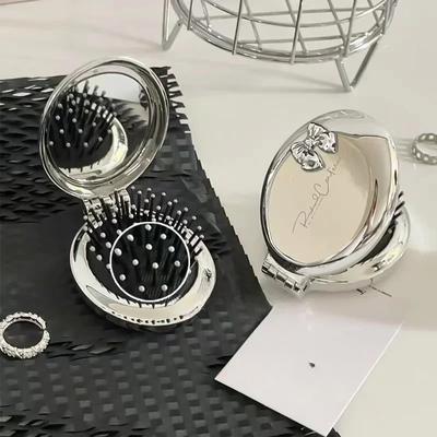 Mini Silver Folding Comb with Makeup Mirror Women Girl Portable Round Small Travel Massage Hair Brush Hair Styling Accessories