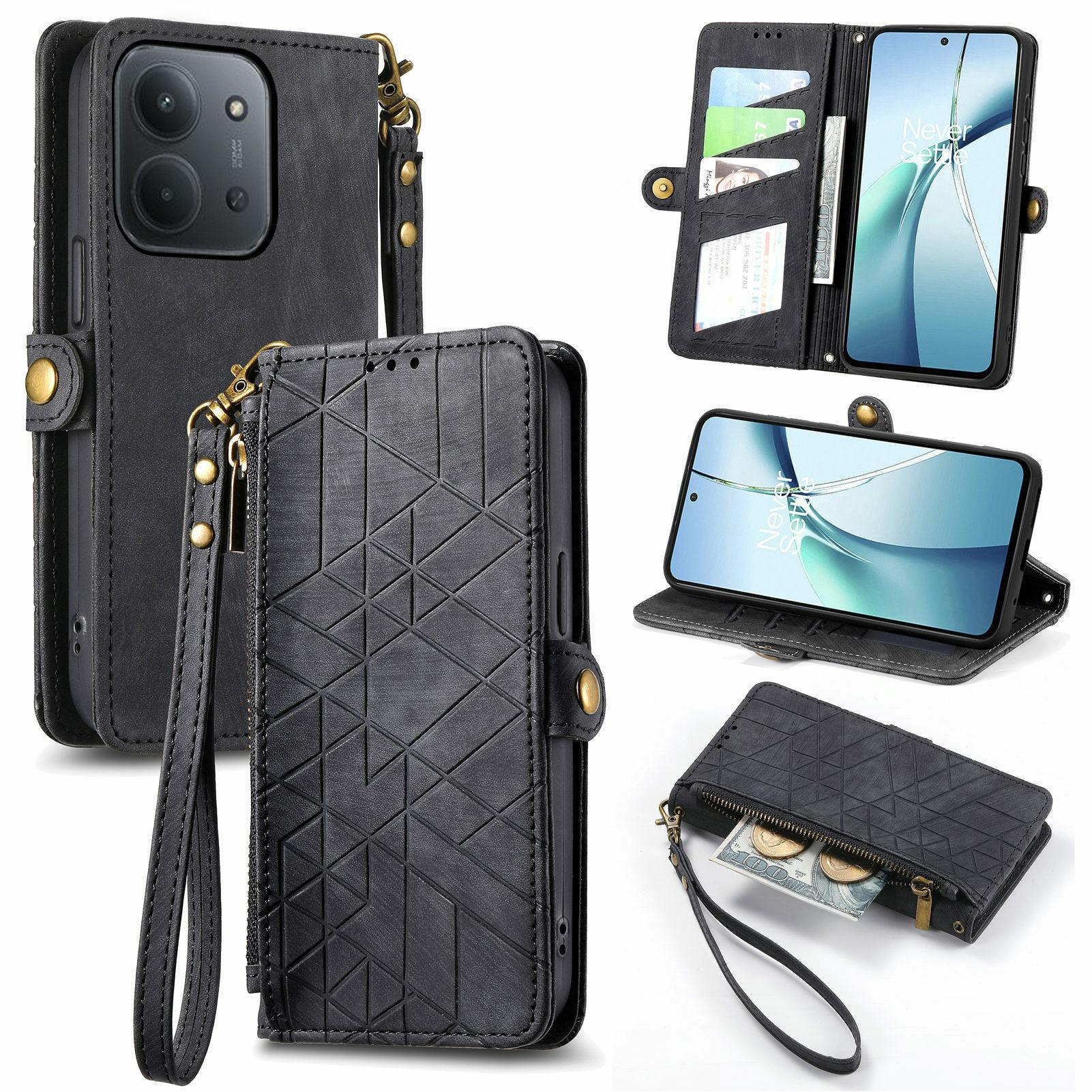 

For Xiaomi Redmi 15C 4G (Global) (171mm)/ Poco C85 4G (171mm) Case Zipper Wallet Geometry Lines Leather Phone Cover with Strap