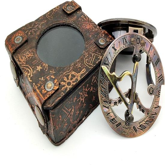 6.5cm Brass Handmade Brass Sundial Compass Beautiful Gift Item with Leather Box