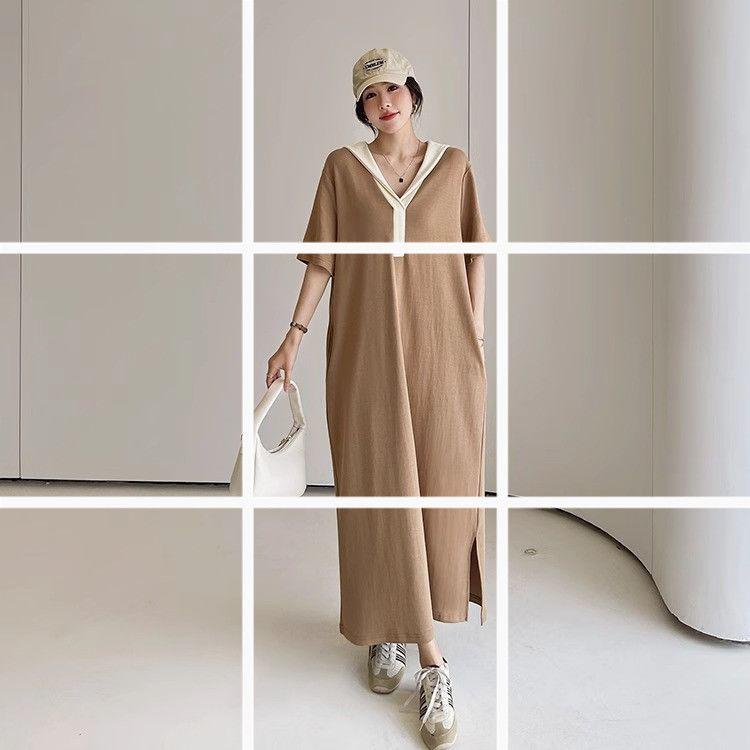 Women s Plus Size Color Block Lapel T-shirt Maxi Dress L 90-120 lbs