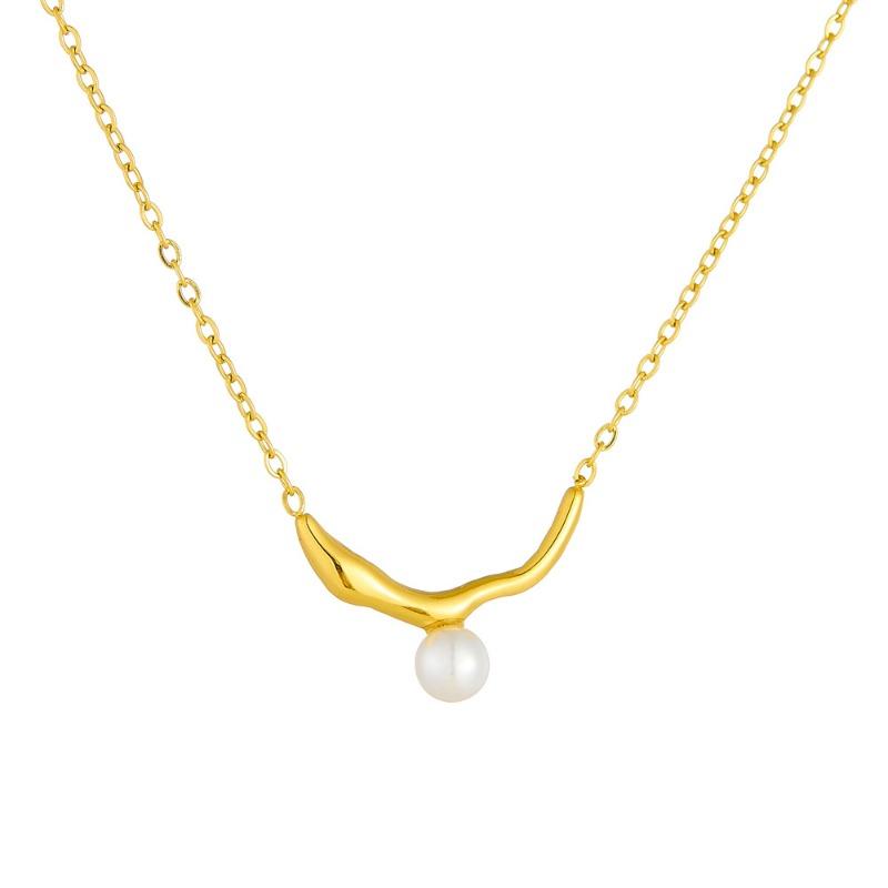 Gold Plated Antler Freshwater Pearl Pendant Necklace, Stainless Steel Dainty Choker, Waterproof Elegant Jewelry for Women Gift