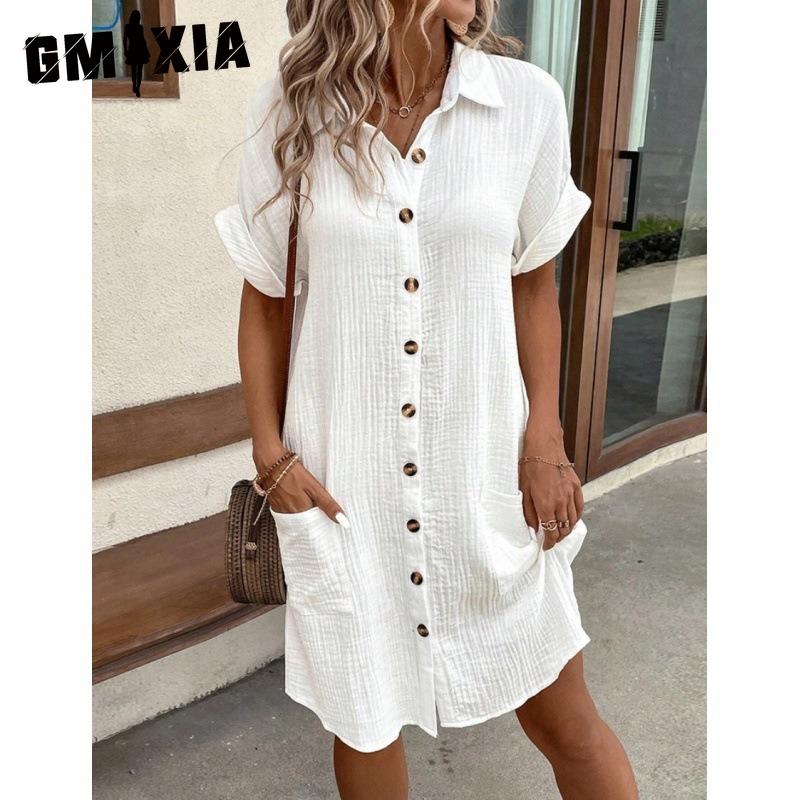 

GMXIA Женские модные летние весенние однотонные повседневные платья с короткими рукавами и воротником-поло с принтом S белый