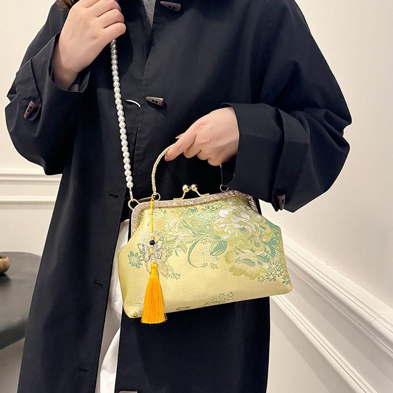 Schoolbag Women's Green Floral Print Clip Fringed Small Square Bag New Retro Shoulder Messenger Bag