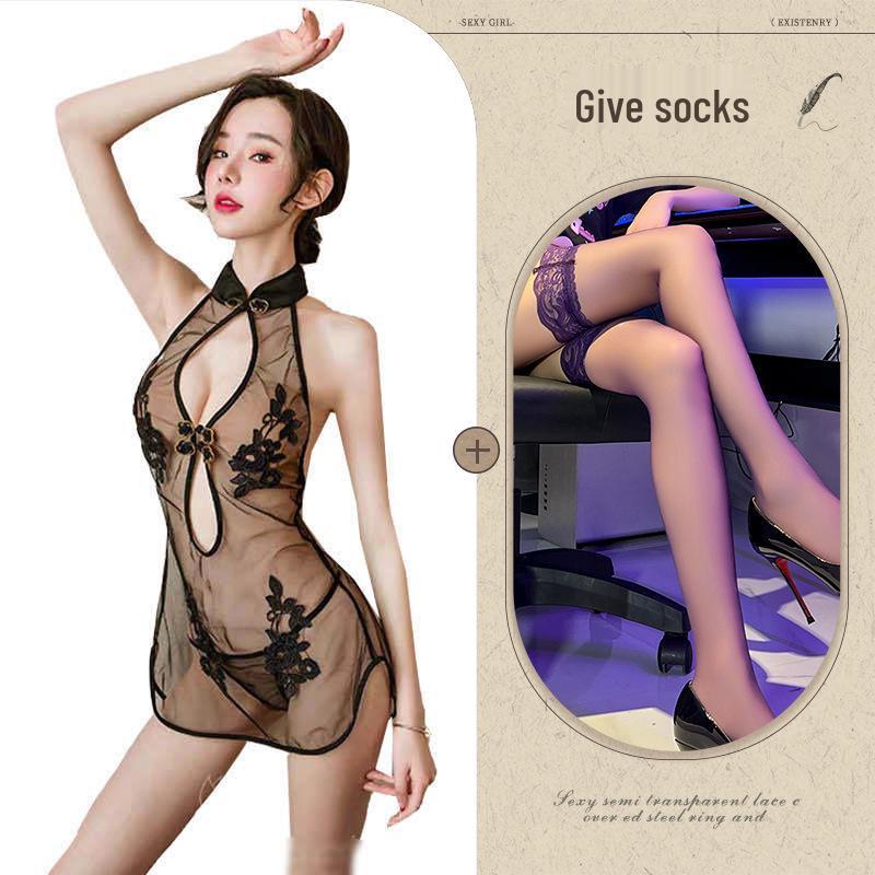 Elegant Lace Mesh Cheongsam Set: Sexy European & American Style with Classical Embroidery