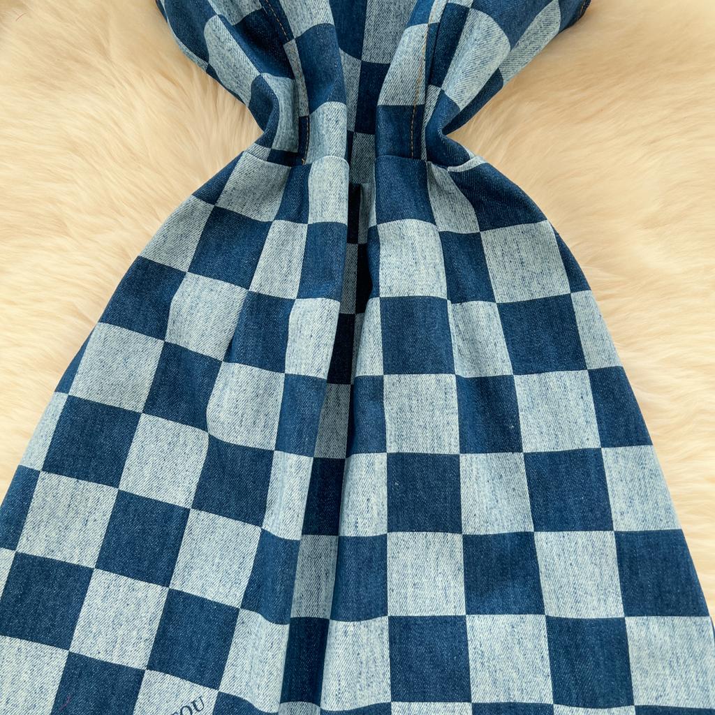 Summer Women Vintage Spaghetti Strap Designer Plaid Denim Party Mini Short Dresses