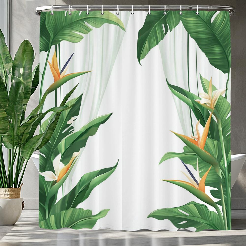 Green Leaves Monstera Plants Printed Shower Curtain Bathroom Curtain,Hanging Curtain With 12 Hooks Decoration Machine Washable