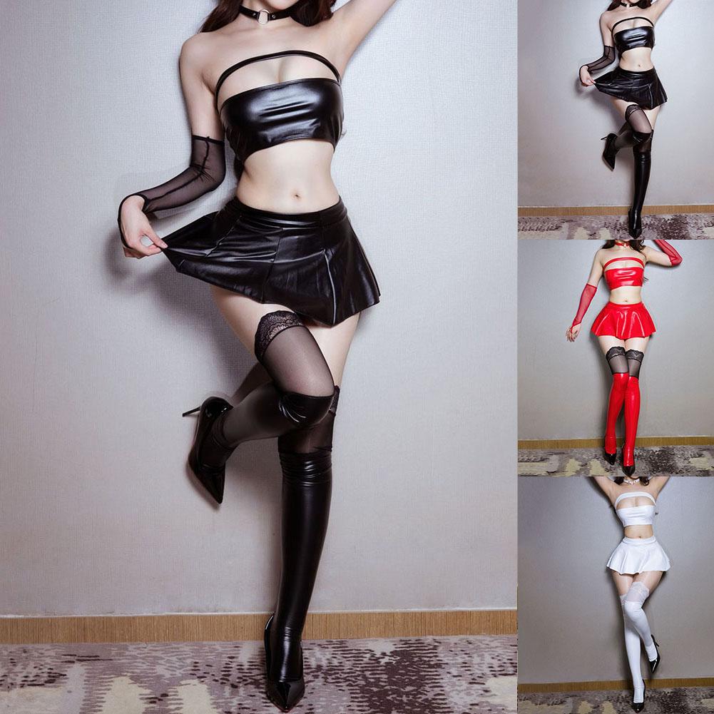 Sexy Lingerie Set Top Kit Hollow Medium Stretch Patent Leather Pleated Skirt Sleeveless Suit for Home Hotel Sleep