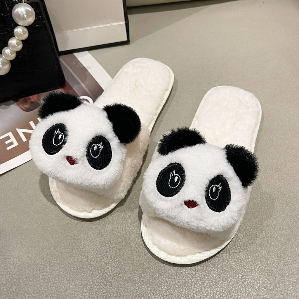 Cartoon Panda Herbst- und Winter-Baumwollpantoffeln Haushalt Niedliche Indoor-Plüschpantoffeln Rutschfeste Flache Sohle Flauschige Einwort-Pantoffeln