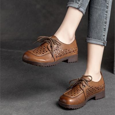 Retro Genuine Leather Low Heeled Pumps Round Toe Hollowed Out Breathable Sandals Women Shoes
