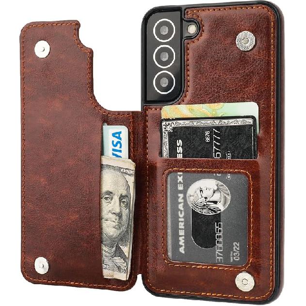 

ONETOP Совместимый с Samsung Galaxy S22 Plus Чехол-кошелек с держателем для карт, Чехол с подставкой и слотами для карт из ПУ кожи, Двойная магнитная застежка и прочный коричневый