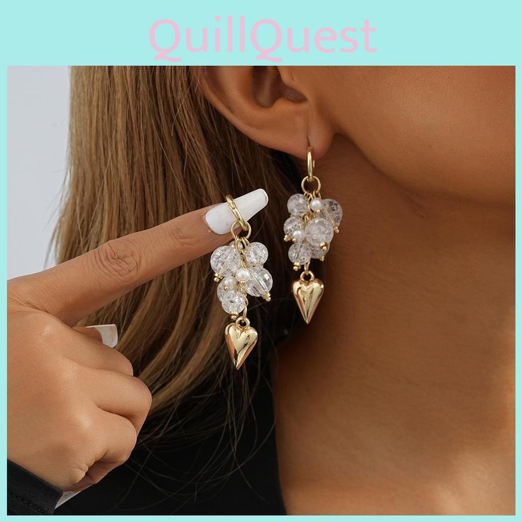 Chic Heart And Bead Hoop Earrings Versatile Gold Alloy Jewelry For Women