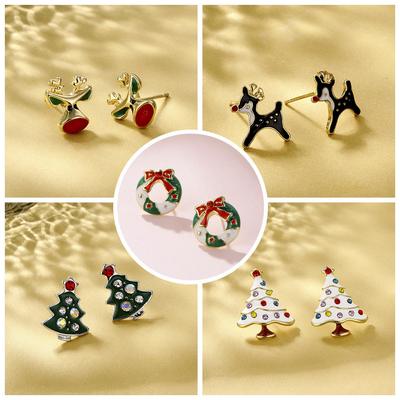 S925 Silbernadel Europäische und amerikanische Ohrringe ins Weihnachten tropfendes Öl Elch Weihnachtsbaum kleine Stecker sind Bestseller