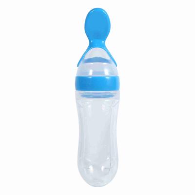 90mL Silicone Baby Toddler Feeding Bottle with Spoon Fresh Food Cereal Squeeze Feeder (Blue)