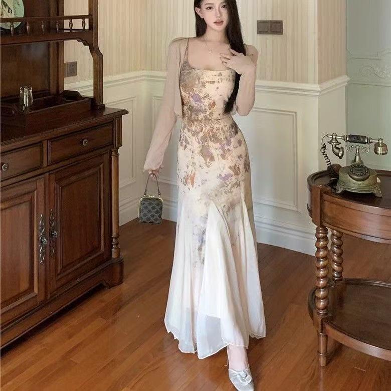Women's Summer Floral Spaghetti Strap Bodycon Dress with Slimming Waist - Chinese Style