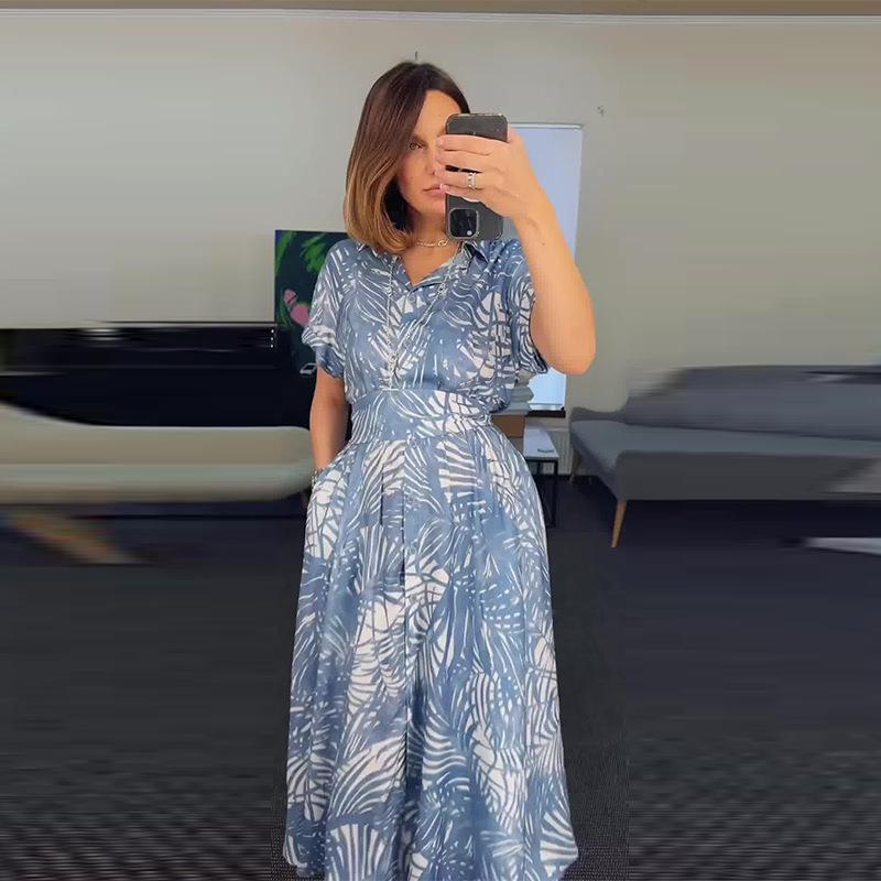 2024 Summer European & American Bohemian Print Turn-Down Collar Holiday Dress for Women