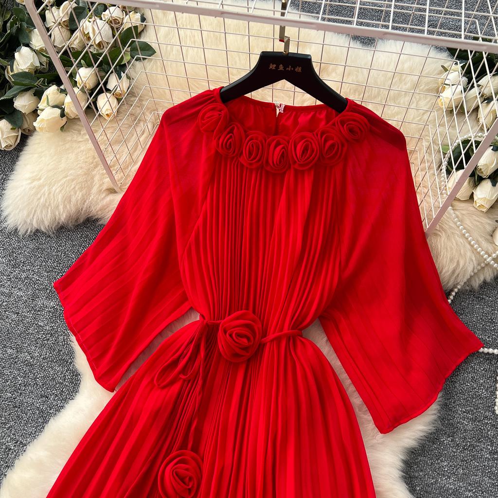 Spring Autumn Woman Dress New Flower Round Ne Seven-Quarter Sleeve Waist-Cinching Pleated Dresses for  Women Slimming Gown