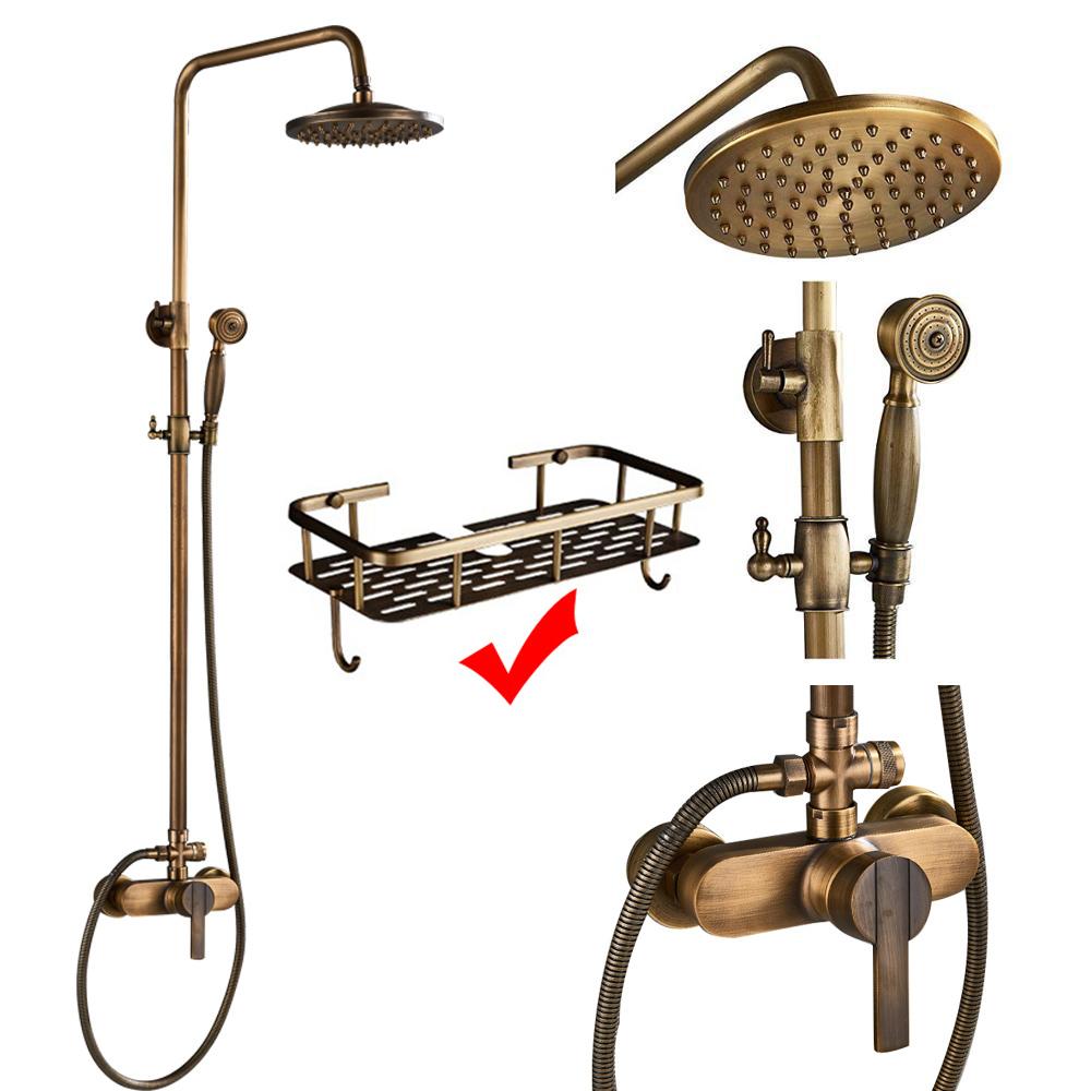 Antique Brass Shower Faucet Mixers Dual Handle Rainfall 8" Brass Shower Head with Bath Storage Shelf and Hooks Shower Water Tap