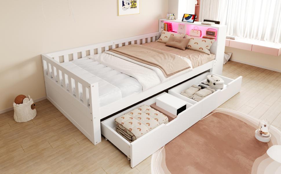 Multifunctional Wooden Bed 90 × 200 Cm, With Drawers, Shelf and Storage, Equipped With Socket and LED Lighting, Safety Rail, Single Bed, White