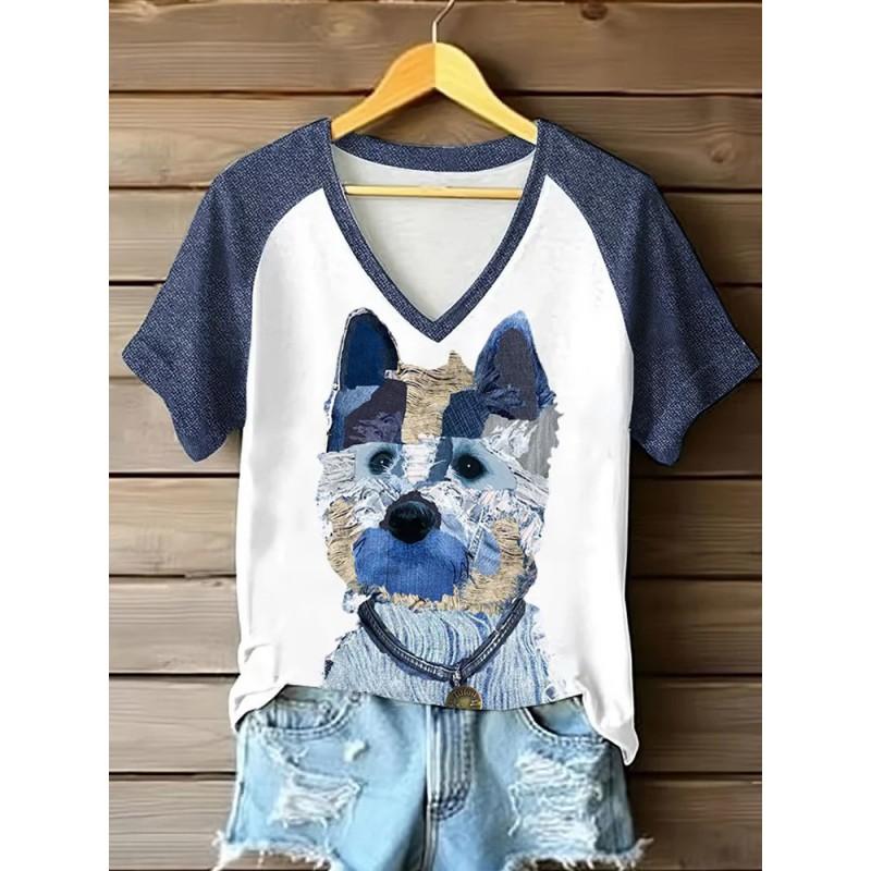 Womens V-Neck Short Sleeve T-Shirt With Leopard Print 3D Effect Colorful Ink Loose Fit Casual Office Wear