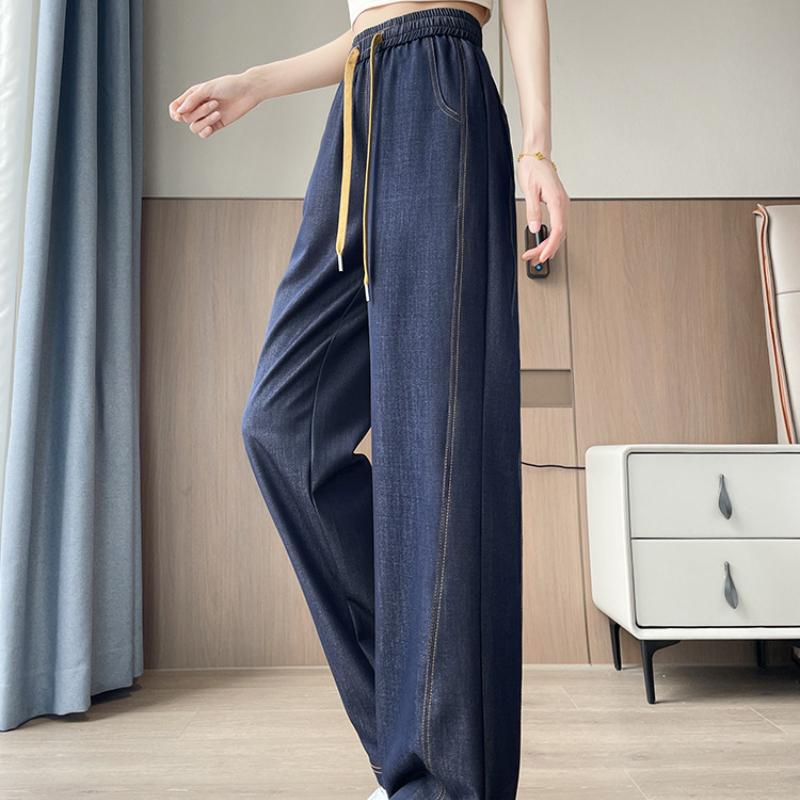 New Denim Dark Blue Wide-Leg Jeans Spring Summer Ice Silk Straight-Leg Floor-Length Pants