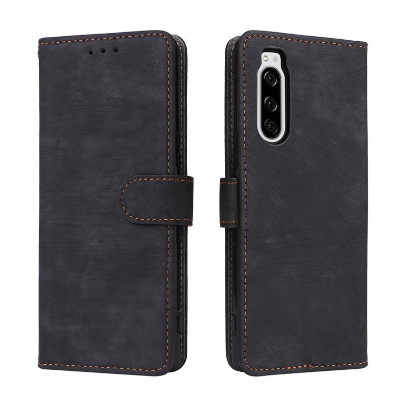 Compatible with Sony Xperia 5: Leather Phone Case with Card Slot, Bracket, and Lanyard.