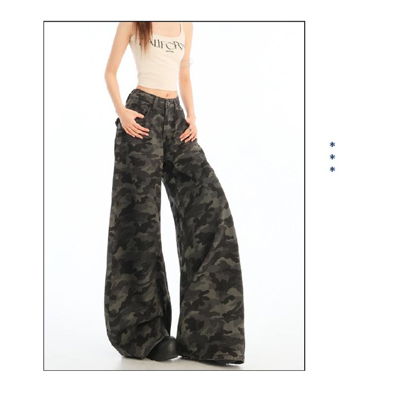 High street workwear wide-leg denim camouflage pants for women 026 new high-waisted slimming loose straight pants