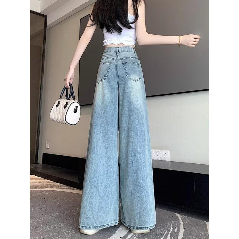 Autumn and Winter Thin Light Blue Wide-leg Jeans Women's Large Size High Waist Thin Drape Loose Straight Mopping Trousers